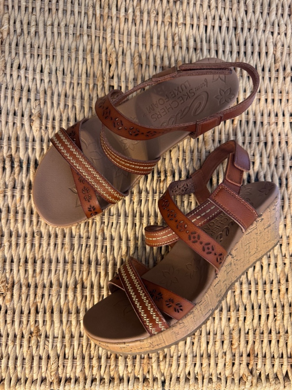 Skechers Brown Beverlee Leather-Look Cork Wedge Sandals